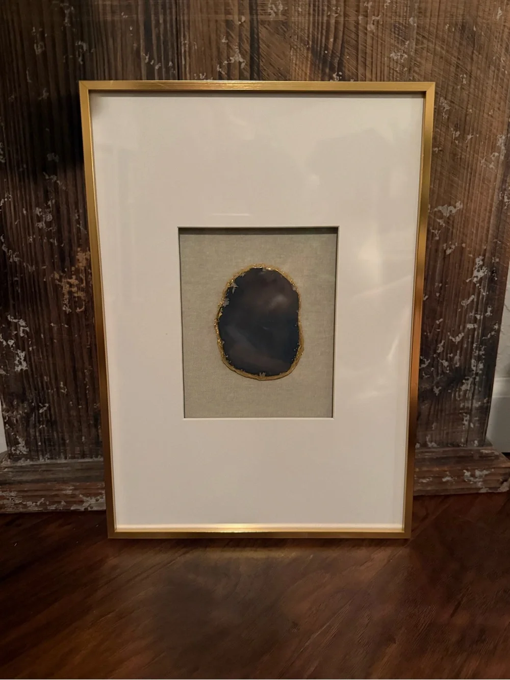 Agate Stone Shadow Box Natural Gemstone Slice With Gold Edging Mounted On Fabric